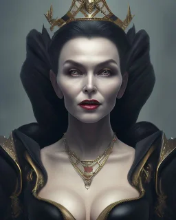 old evil queen in black leather gown, volouptous, busty, cleavage, angry, emperious, 8k resolution concept art portrait by Greg Rutkowski,