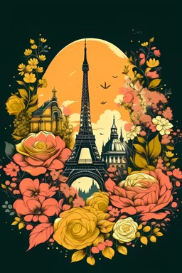 generate Paris skyline fleuriste women arrosé flowers color dark Peach and mustard iffel in the center