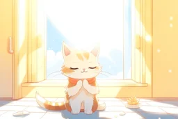 cute chibi thankful cat praying in an icy room in sunshine