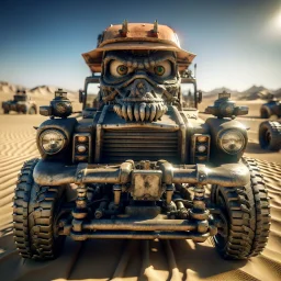 selfie of dangerous bot driving a truck in the desert, photo-realistic, shot on Hasselblad h6d-400c, zeiss prime lens, bokeh like f/0.8, tilt-shift lens 8k, high detail, smooth render, down-light, unreal engine, downlight