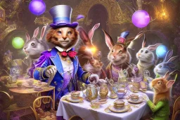 the mad hatter's tea party, long table, the mad hatter, the march hare, alice, the cheshire cat, alice in wonderland, signpost pointing in different directions, orbs of light, tea pot, teacup, film still