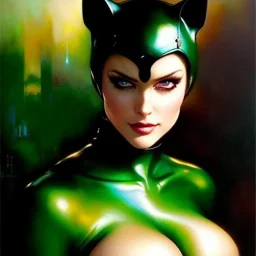 portrait 'beautiful Sexy Busty CatWoman',crystal clear green eyes,painting by gaston bussiere, greg rutkowski, yoji shinkawa, yoshitaka amano, tsutomu nihei, donato giancola, tim hildebrandt, oil on canvas, cinematic composition, extreme detail,fit full head inside picture,32k