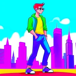 cartoon style character gay man wearing rainbow clothing nice background city view