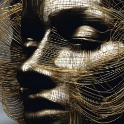 Woman face made of golden metal wires