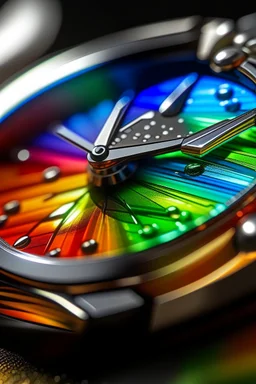 A close-up image of a dazzling rainbow watch, focusing on the reflection of the sunlight on its metallic elements and the play of colors on its face.