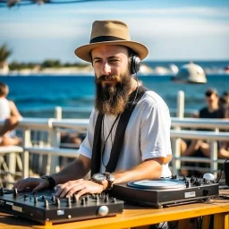 A short brown beard DJ with a hat on his head, sing at microphone, many electronic consoles around, seaside, FRONT VIEW