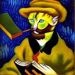 oil portrait of a cat with hat reading a book and smoking with wooden pipe by Van Gogh 8k