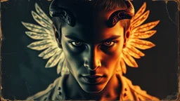 old worn postcard, Portrait Light and darkness in one person, angel and demon in one person, abstract art additional colors small details,