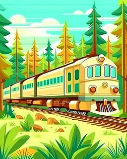 cartoon style pociąg osobowy jedzie przez las