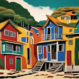 the trading houses at Abah's Landing, In brazilian modern art style, best quality, masterpiece