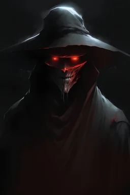 A ghost with a a grey straw hat glowing red eyes and no head in a black torn up robe