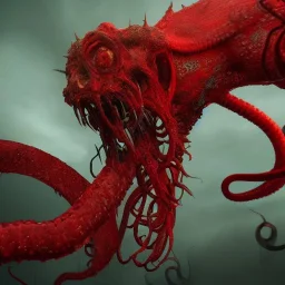 red, tentacles, a lot of eyes, teeth, monster, horror, blood, huge, scary, hyperrealism, gore, masterpiece, expert, volumetric lighting, deformed, sharp focus, 8K