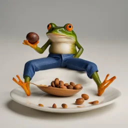 frog eating a nutmeg in blue pants