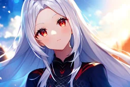 girl, masterpiece, best quality, volumetric lighting, detailed outfit, perfect eyes, long hair, white hair, red eyes, lens flare abuse, open forehead,