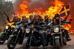 a very hard and tuff motorcycle young gang with viking hair, not old, posing with their Harley Davidsson bikes, some of them holding guns and shotguns, a logo sign with "FALKÖPING HD", "FEARLESS SINNERS" Skulls and bones, skeletons and fire, Sweden vikings DEMONS, Swedish flags on bikes