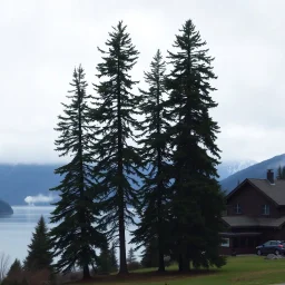 A photo of a group of fir trees and high mountains in the distance. A lake. House. Odd dark person. Fog is present.