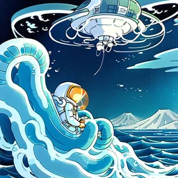 An astronaut floating in space surrounded by a halo of glowing jellyfish, done in the style of Hokusai's The Great Wave off Kanagawa