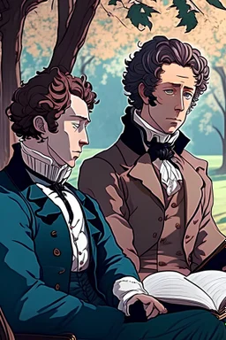 Pushkin and Lermontov listen to Eminem for the first time in the cherry orchard, in HD resolution, anime style, realistic