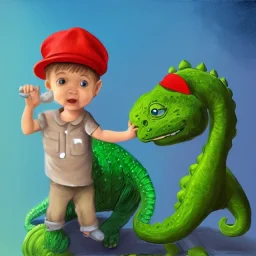 1yo little szymon is on safari onthe moon. petting a green dinosaur. he has big binoculars and a funny hat. High detailed. Cinematic. Digital painting. Warm lights.