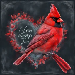 Bing: a vibrant digital chalk sketch painting featuring a double exposure image of a beautiful majestic red cardinal, ultra-detailed, within the body of the cardinal is a heart with the words "I AM ALWAYS WITH YOU" in a beautiful script