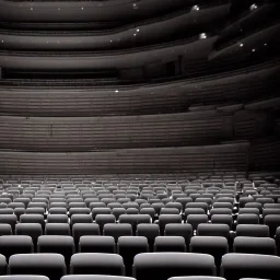 a single chair on stage in spotlight close up view facing empty audience at a dark and empty symphony hall