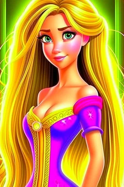 Princess Rapunzel is very beautiful, with a symmetrical, luminous face and beautiful hair