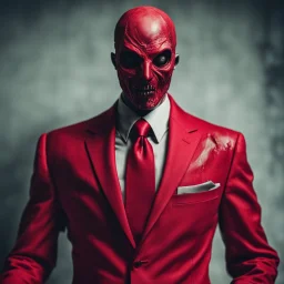 a creepy figure wearing a red suit with a red tie who is missing the skin on his face