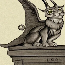 Cat gargoyle with goat horns and wings on its back Nick Harris illustration style