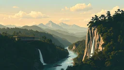 A minimalist vector art in subdued but vibrant natural tones and sense of depth; a blend of industrial design, jungle and forest amid a sweeping landscape. A cantilevered visitor center & viewpoint extends from a hillside, built into the landscape along the treeline in the foreground, next to a river. A series of waterfalls cascade down a cliff face midground. Majestic mountain peaks sit in the background in a beautifully clouded afternoon sky.