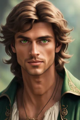 thirty-year-old sorcerer, handsome and kind face, with tanned skin, brown hair and green eyes, dressed as a 18th century countryside teacher