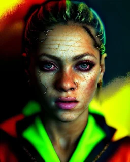 portrait, Shakira, blonde artist, angry, Realistic image, MMA robe, hoodie, mouthguard, nose, band aid, loose long hair, eyes make up, line gold make up, glow, circle iris. Rain, fog, Neon colors, leds. Dark background, photo studio, neon lights. concept art, smooth, unreal engine 5, god lights, ray tracing, RTX, lumen lighting, ultra detail, volumetric lighting, 3d, finely drawn, high definition, 4k.