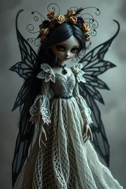 A whimsical dark fantasy detailed doll-like dark fairy figure with wings, an ethereal presence and hyper-realistic features. Her ewaring a victorian, goth enchanted aesthetic. Her large, dark eyes shimmer with mystery, while her flowing lacy long gown sways as if caught in an unseen breeze. Ornate wire spirals and dried dry floral elements crown around, giving her an otherworldly, nature-bound elegance with dark lace, shadows, fog in a surreal atmosphere. Hyperrealistic, splash art, concept art