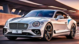 A sleek white shiny (((Bentley Porsche))), its contours and details perfectly captured in a (((cinematic view))), zipping along a winding road under a beautiful blue black night sky