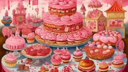 A rosy pink carnival made out if cakes, cookies, cupcakes, and donuts painted by Qiu Ying