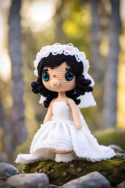 Adventure Amigurumi style, solo, looking at me, standing, full body, barby in bride dress,blurry, big beautiful chibi-style eyes, blurry background, Best quality, masterpiece,bride Art in the style of [Sack Boy | Gene Bilbrew | chibi-style | Amigurumi | Jeff Gord | Temmie | Ransom & Mitchell], unique sculptures, surreal and abstract forms through human forms, illustrative techniques and themes, prominent in magazines during the mid-20th century, detailed ink work, by Satori Canton🧸