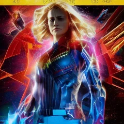 Captain Marvel,flying in the sky, hair on fire, realistic, vibrant colors, Kate beckinsale's face, long hair, gold angel wings, full body, in space, muscular, hyperrealistic, airplane, cyclops, elephant, deathstar, facemask, topless, nuclear explosion