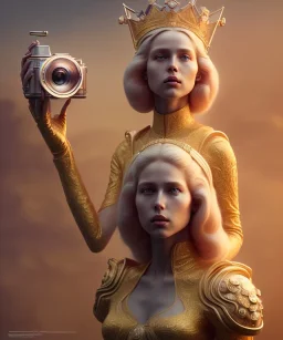 Statue of Queen of photography. Cute blonde woman. Photographer in golden crown. Standing on the street. Big camera in her hand. hyperdetailed, photorealistic, trending on artstation, greg rutkowski, beksinski, kodachrome