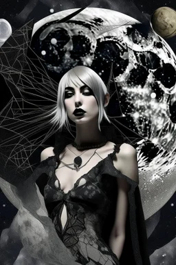 Explosive abstract collage style image of a beautiful gothic girl, dramatic, pieces of cloth material, textured moon in background, bob wire, gothic sureoundings