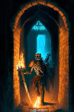 A frightening castle dungeon hallway with a skeleton warrior in rusty chainmail holding a burning torch painterly rpg art