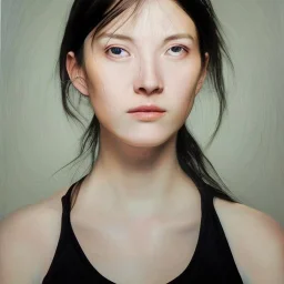  100 % modern conceptual art ,hyper realistic fine art portrait oil painting by Fumi Koike and Jen Mann and Kris Knight of a very beautiful 20 year old woman , front view centered symmetrical composed and cinematic side lighting, hyper-realistic chiracsuro detailed shading and shadows, precise brushstrokes and subtle blended variations in skin color temperature, perfectly proportioned symmetrical facial features, hyper detailed dark eyes with dark circles, cgsociety, trending artforum, octane re