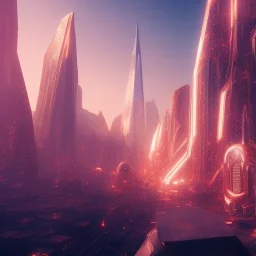 a crystalised transparent futuristic city suspended in the air, gold, diamonds, lightbeams, sunny atmosphere, realistic, unreal engine, 8k. Cinematic lighting, octane render.