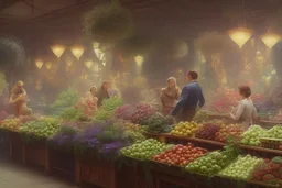 a greengrocer in colorful palma de mallorca street, 1993, spanish mediterranean sea, waterfront, alphonse mucha, greg rutkowski, matte painting, vplumetric lighting, volumetric clouds, maya render, hyper detailed, 8k, uhd, exaggerated colors, fantasy art, felix kelly, seb mckinnon, jessada sutthi, boris vallejo, lin chen