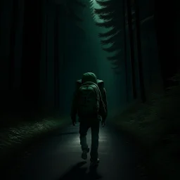 a lonely figure with a backpack, leaving a metropole, on a road, into a forest, photo quality, dark green light