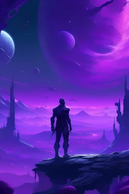 Unknown universe with purple as theme, have one man standing on top, more like anime world modern but with nature