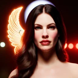 Liv Tyler has angel wings. She has beautiful eyes. Her hair flies in the air., closed eyes, rtx, reflection, 8k, glow, winning photography, caustics