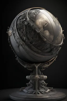 metal layers wrapped around a neutral colour planet, dark and moody, intricate detail, photo realism, on an ornate stand