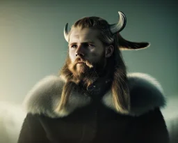 a sad and lonely viking looking up at the stars at night, hyper realistic, 8k, insane detail, atmospheric background, crying eyes, big fur coat, long braided hair, sharp focus, soft background, dynamic lighting, viking helmet, night time