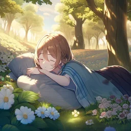 anime sleeping underneath a willow tree in a field of flowers