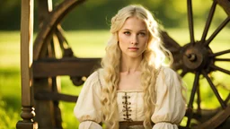 Photo is in sharp focus with high resolution and is a closeup of a beautiful and slender caucasian 16 year old teen girl with long wavy platinum blonde hair. She is wearing a medieval peasant dress with a coset. She is seated at a spinning wheel gazing at the viewer.