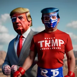 realistic image of donald trump as a mexican wrestling fighter posing outdoors, Mexican eyes wrestling mask, red and blue breeches, suspenders, retro style, 80s, vibrant color, highly detailed, sky background, concept art, unreal engine 5, god rays, ray tracing, RTX, lumen lighting, ultra detail, volumetric lighting, 3d, finely drawn, high definition, high resolution.